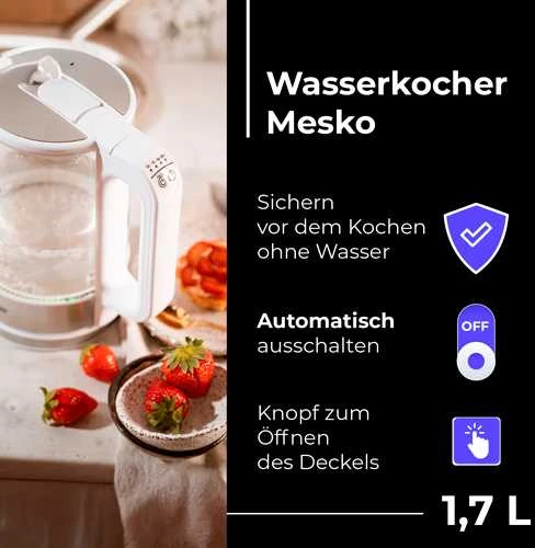 Mesko | Virdulys | MS 1301w | Electric | 1850 W | 1.7 L | Glass | 360° rotational base | Baltas