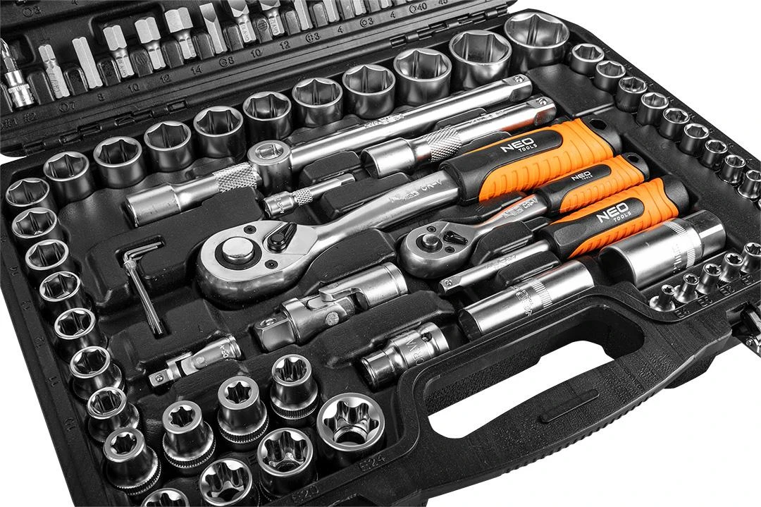 Rinkinys veržliarakčiai, 10-212, 108 vnt, dydžiai 1/4 ir 1/2, dėklas, NEO TOOLS