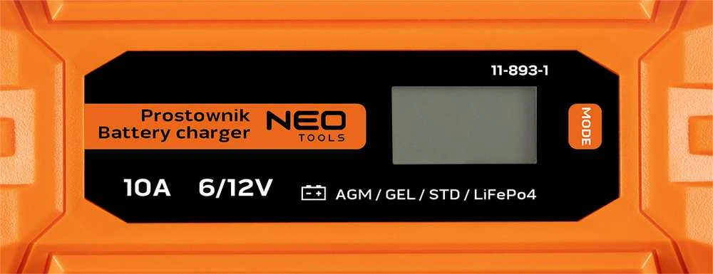 NEO akumuliatorių kroviklio LCD ekranas ir valdymo mygtukas