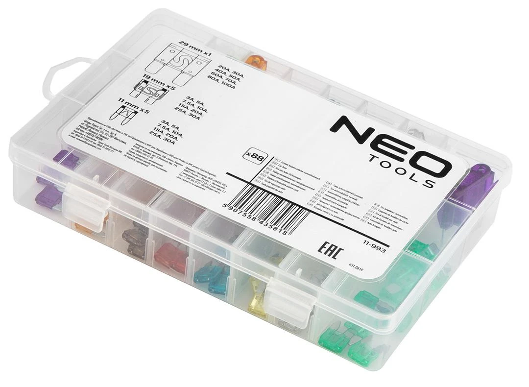 Neo Tools 88 dalių automobilio saugiklių rinkinys su skirstytuvais