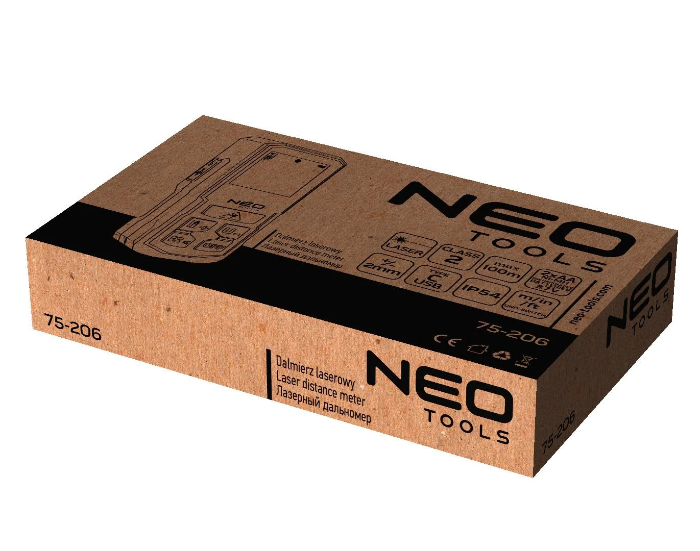 Neo 75-206 lazerinio atstumo matuoklio kartoninė pakuotė