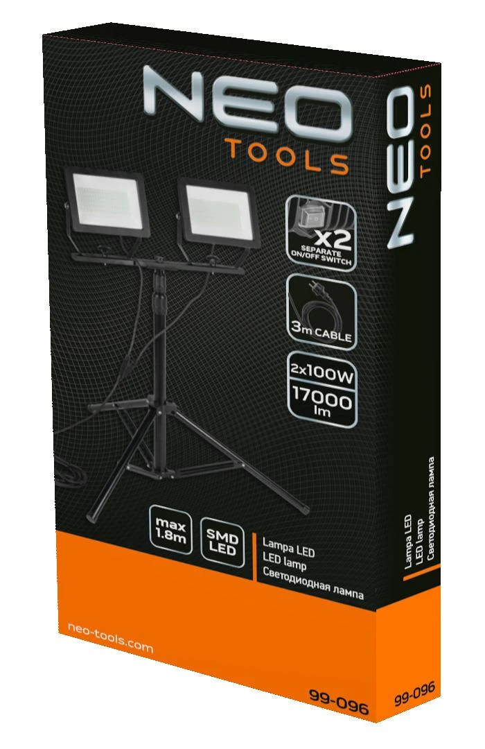 Neo Tools Reflektor Dvigubas prožektorius 2 x 100 W SMD LED 2 x 8500 lm ant 1,8 m stovo