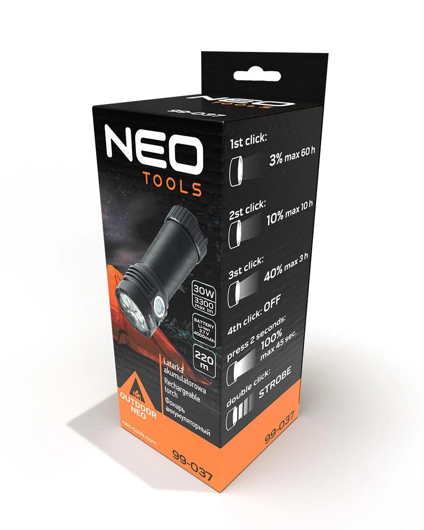 Neo led įkrovimo akumuliatorius, 1x4000 mah, aliuminis, juodas, priartinimo funkcija, 3 tipų apšvietimas, ipx4, usb įkroviklis.