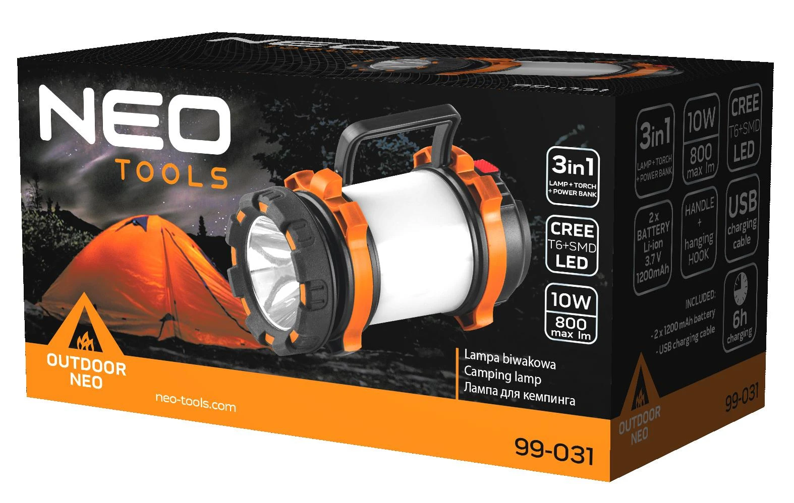 Stovyklavietės lempa NEO 3in1 - Žibintuvėlis, Power Bank, 10W 800lm