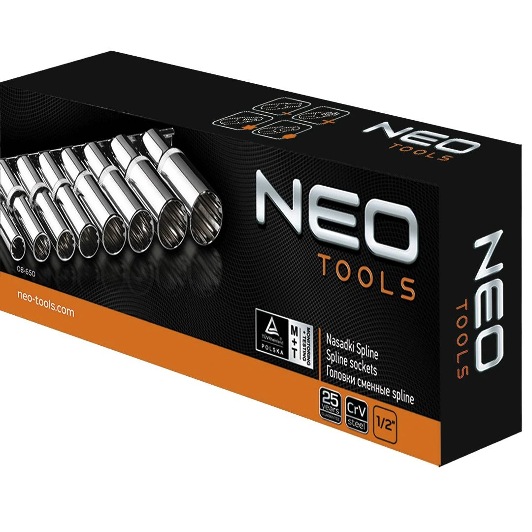 Neo Tools Nasadki, 1/2 colio ilgio griovelių galvučių rinkinys, 8 vnt.