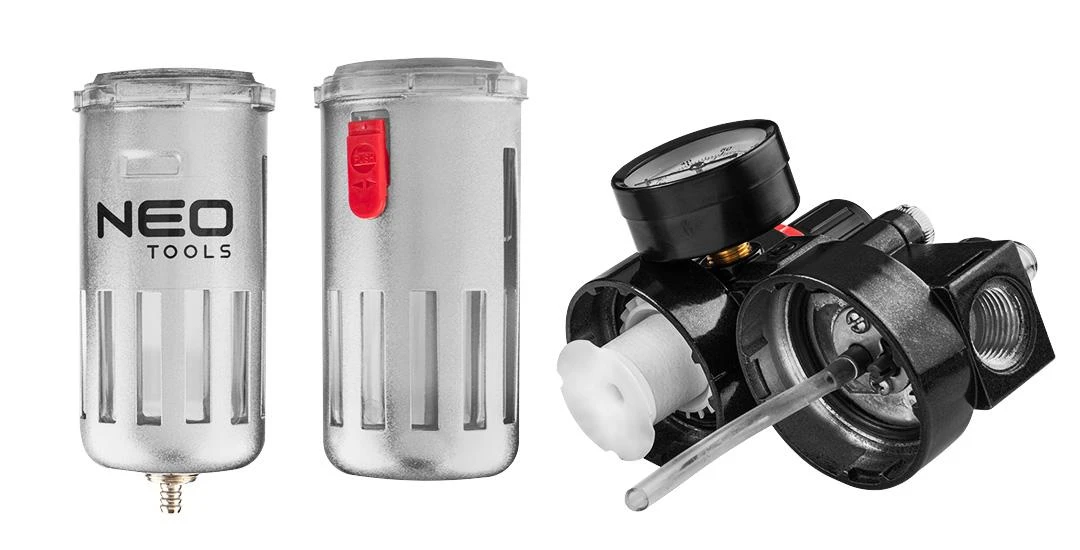 Kondicionierius Neo Tools Rinkinys Oro valymo rinkinys, filtras, tepimo įtaisas ir reduktorius, 1/2 colio metalinis korpusas