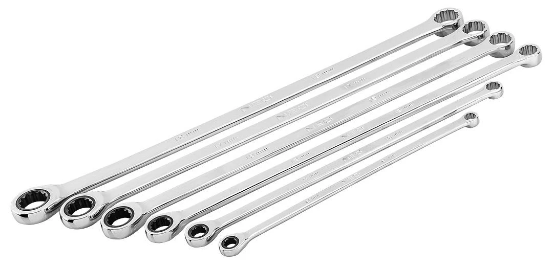 Neo Tools Klucze Ilgi reketiniai žiediniai raktai, 6 vnt. rinkinys, 8–19 mm, minkštas dėklas