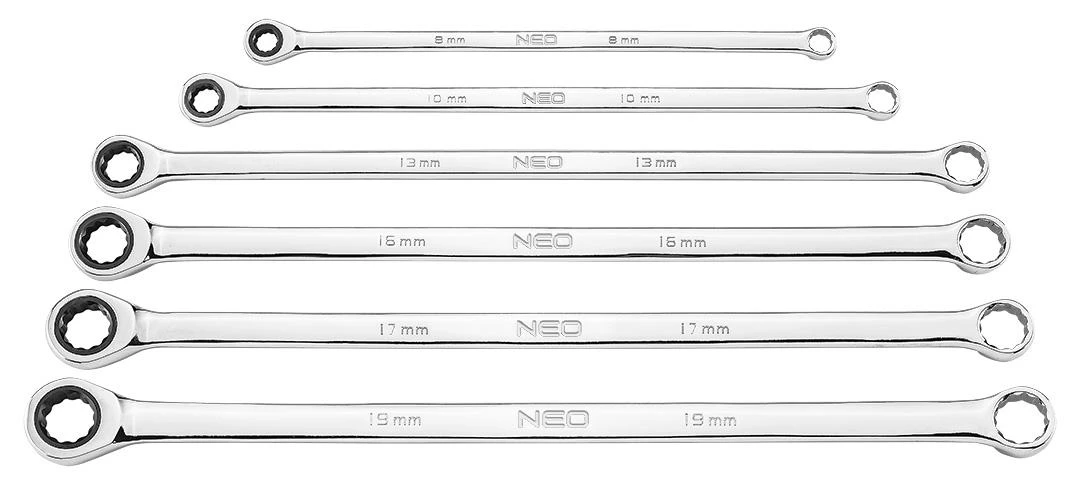 Neo Tools Klucze Ilgi reketiniai žiediniai raktai, 6 vnt. rinkinys, 8–19 mm, minkštas dėklas
