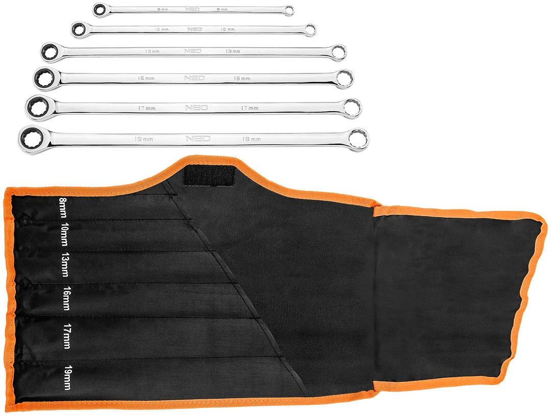 Neo Tools Klucze Ilgi reketiniai žiediniai raktai, 6 vnt. rinkinys, 8–19 mm, minkštas dėklas