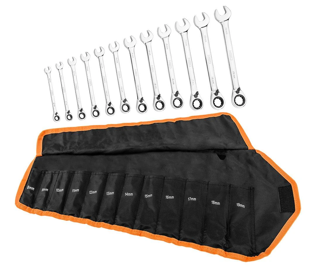 Neo Tools Klucze Kombinuoti veržliarakčiai su terkšle ir jungikliu, 12 dalių rinkinys, 8–19 mm, minkštas dėklas