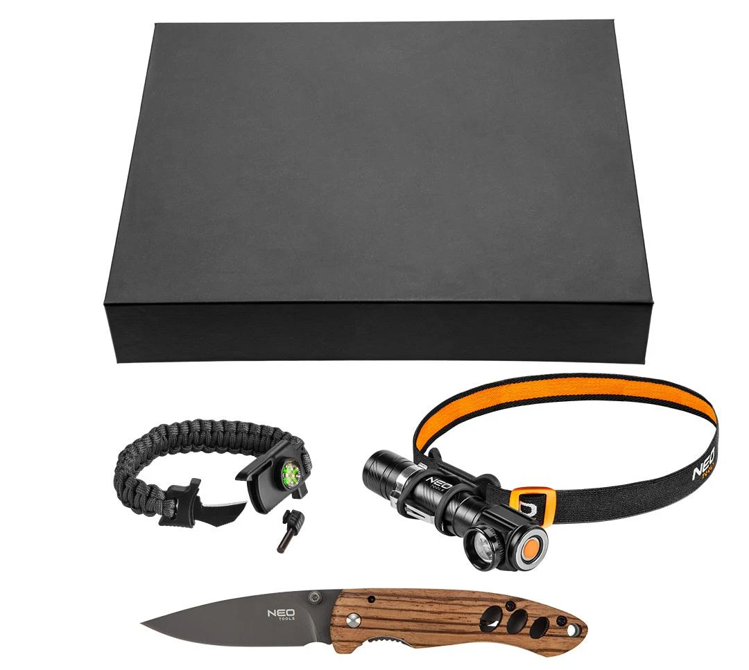 Neo Tools Set 3 elementų rinkinys (priekinis žibintas 99-026, 5 viename išgyvenimo apyrankė 63-140, sulankstomas peilis)