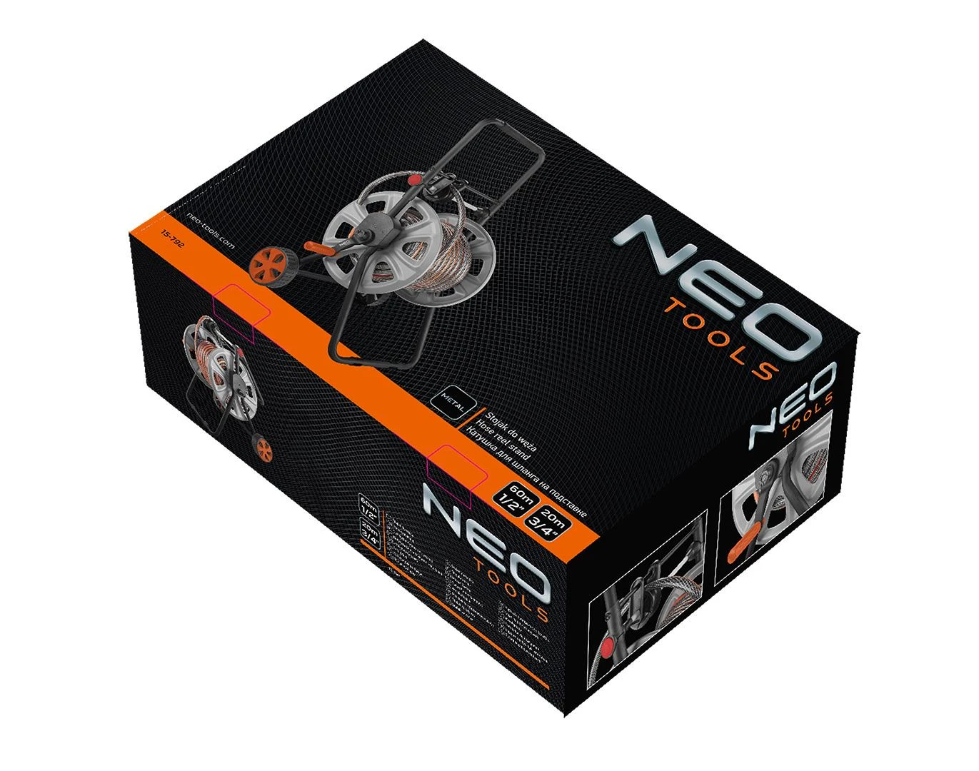 Neo Tools Vežimėlis Sodo žarnos vežimėlis, metalinis, iki 60 m 1/2 colio žarnos, su žarnos kreiptuvu