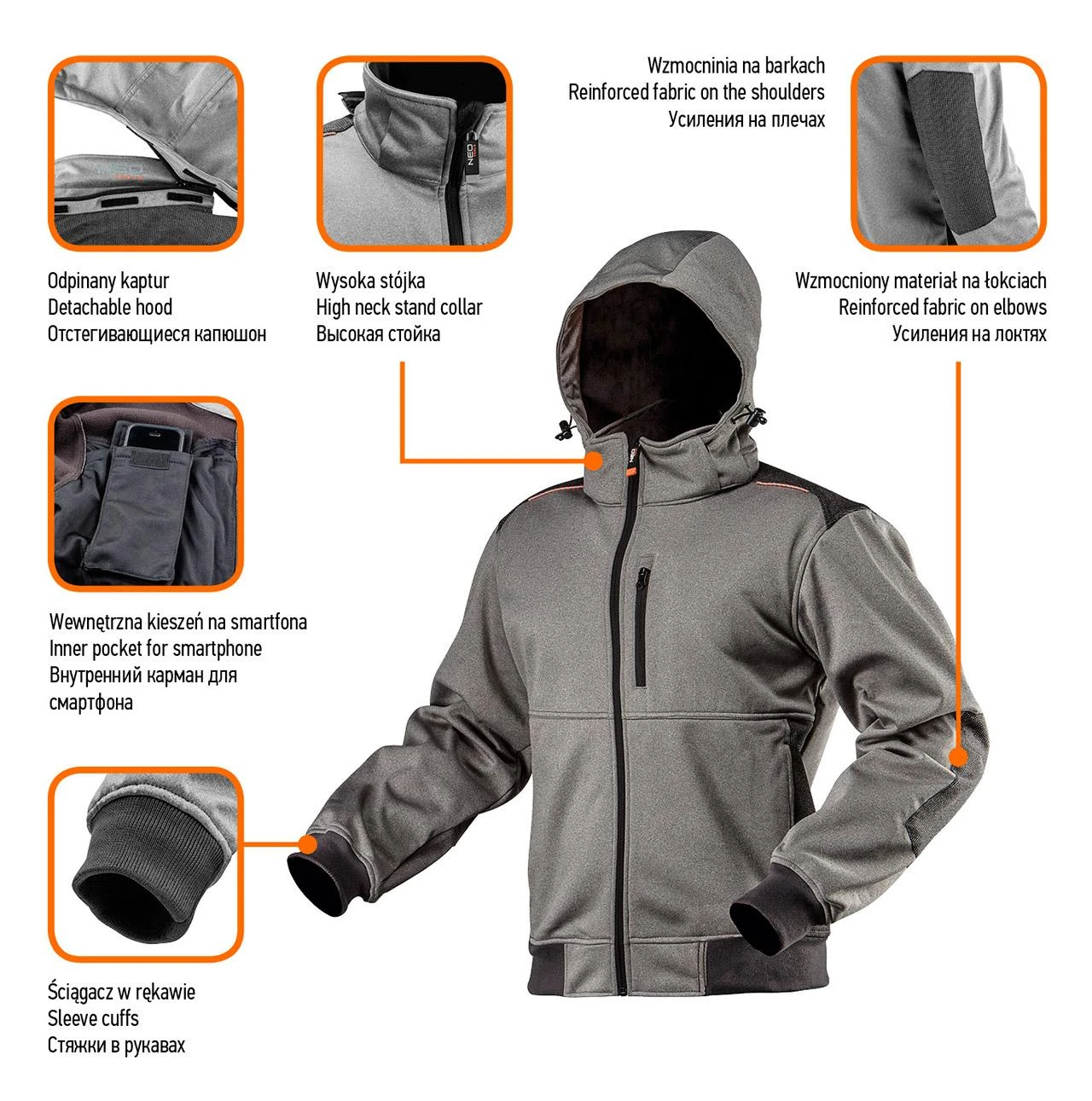 Neo Tools „Neo Striukė“ darbinis softshell tipo megztinis su nuimamu gobtuvu XXXL (81-551-XXXL), XXXL
