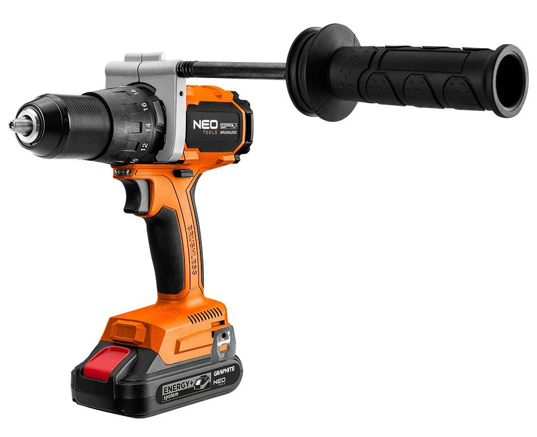 NEO Tools akumuliatorinis gręžtuvas su šonine rankena
