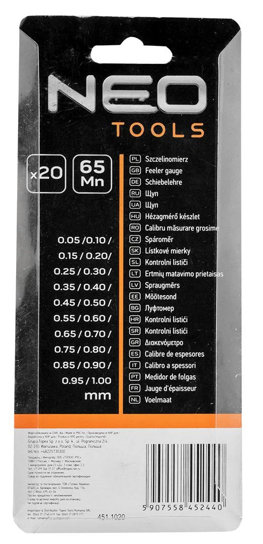 Szczelinomierz Tarpumatikas, 20 ašmenų (0,05–1,0 mm), 65MN / nerūdijantis plienas
