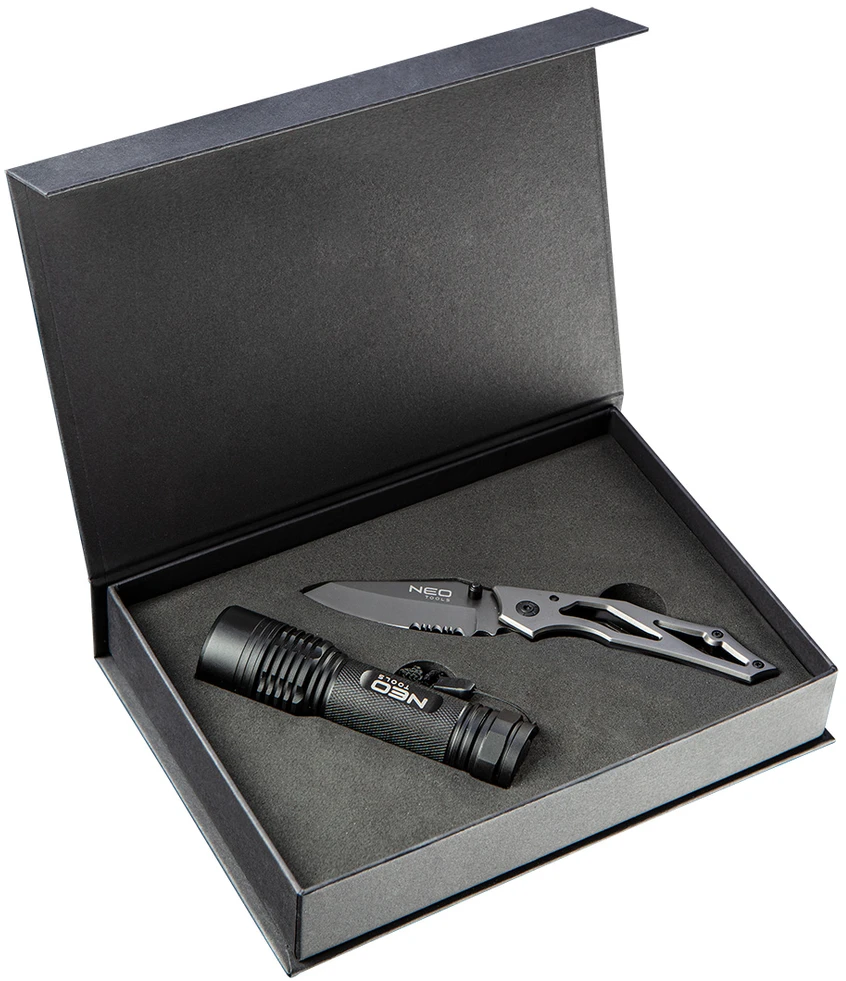 Neo Tools 2 dalių rinkinys (99-101 žibintuvėlis, 63-025 peilis)