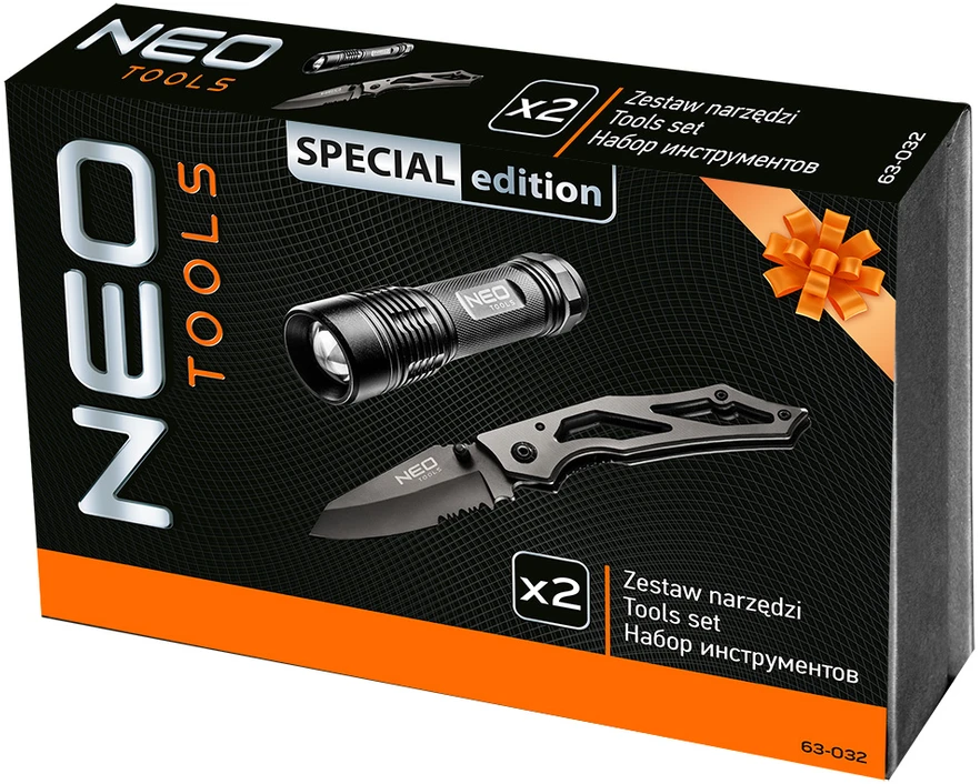 Neo Tools 2 dalių rinkinys (99-101 žibintuvėlis, 63-025 peilis)