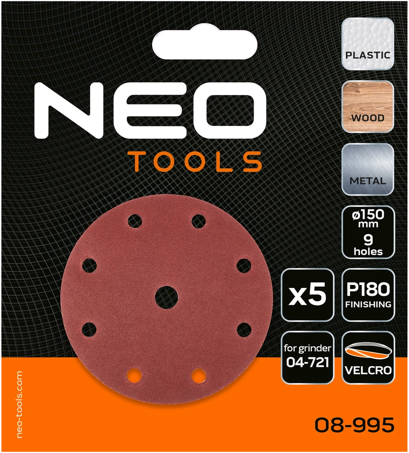 Krążki Šlifavimo diskai 150 mm, xa0P180, 5 vnt., su 9 skylėmis, skirti 04-721
