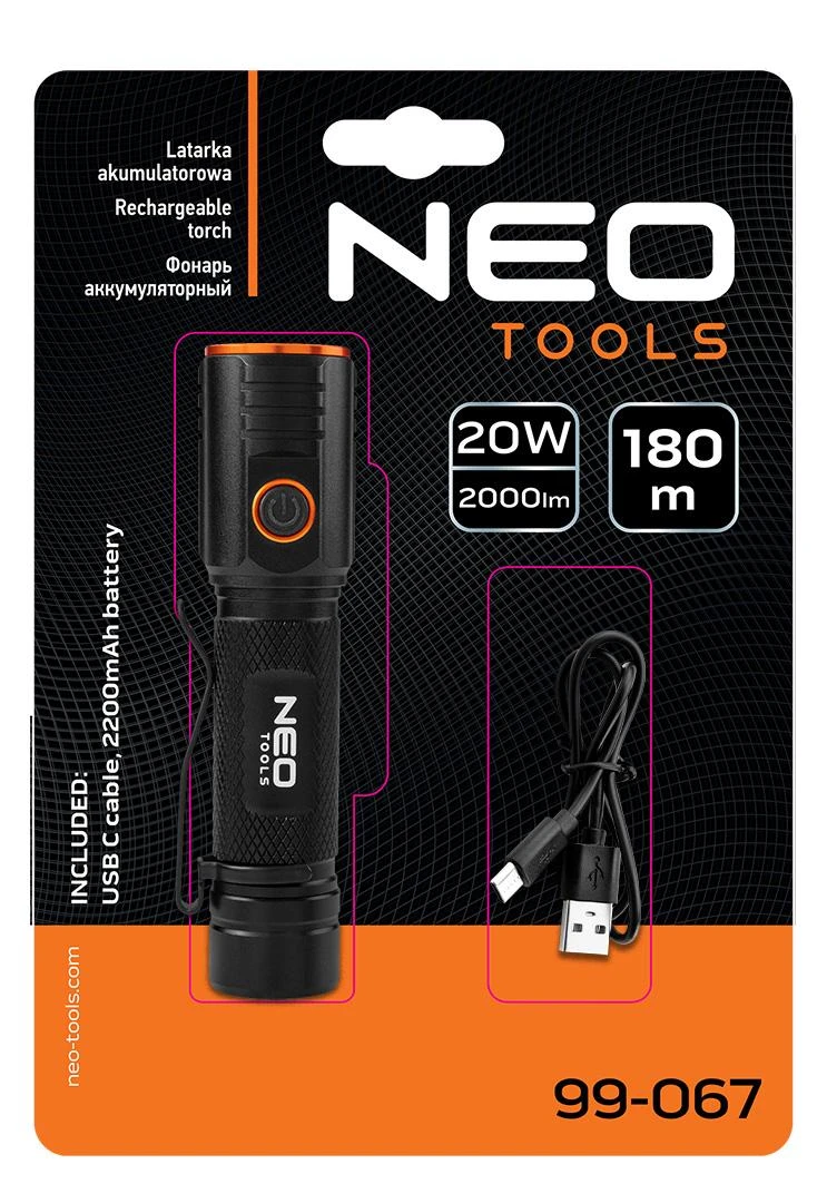 Neo Tools įkrovimo lempa, 1xxled, 1x2200 mah, juoda, 20w, 2000 liumenų, veikimo trukmė iki 4 val.