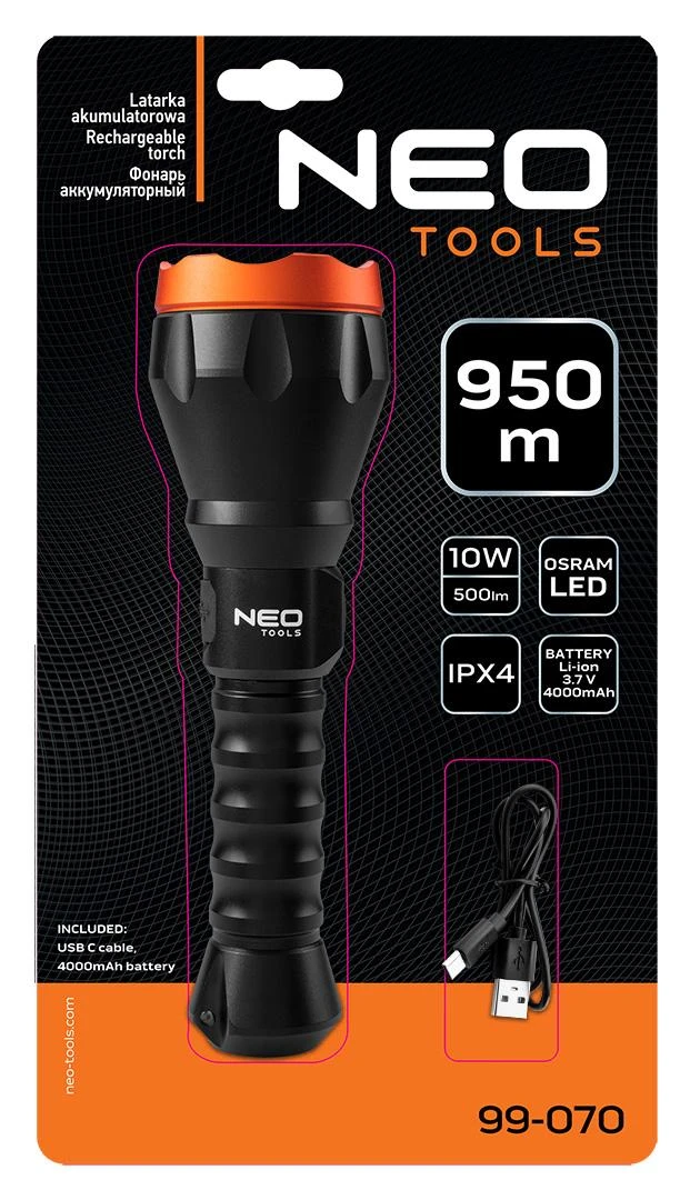 Neo Tools įkrovimo lempa, 1xled, 1x4000 mah, usb, 10w, 4 apšvietimo režimai