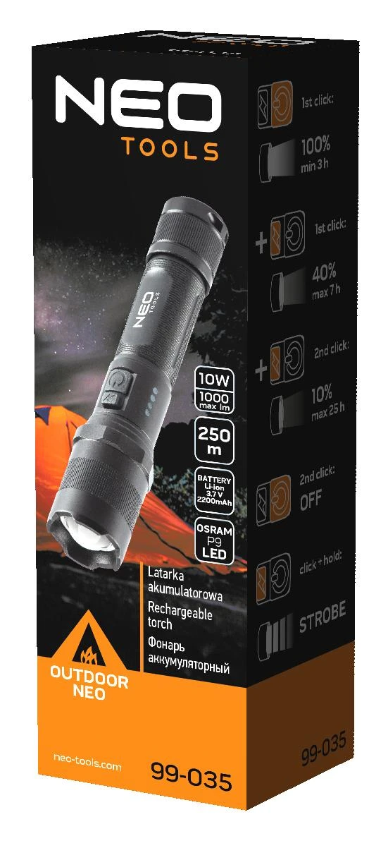 Neo Tools tvirtas audinys, reguliuojamas dirželis, 1xled, 1x2200 mah, aliuminis, juoda, ipx4, priartinimo funkcija