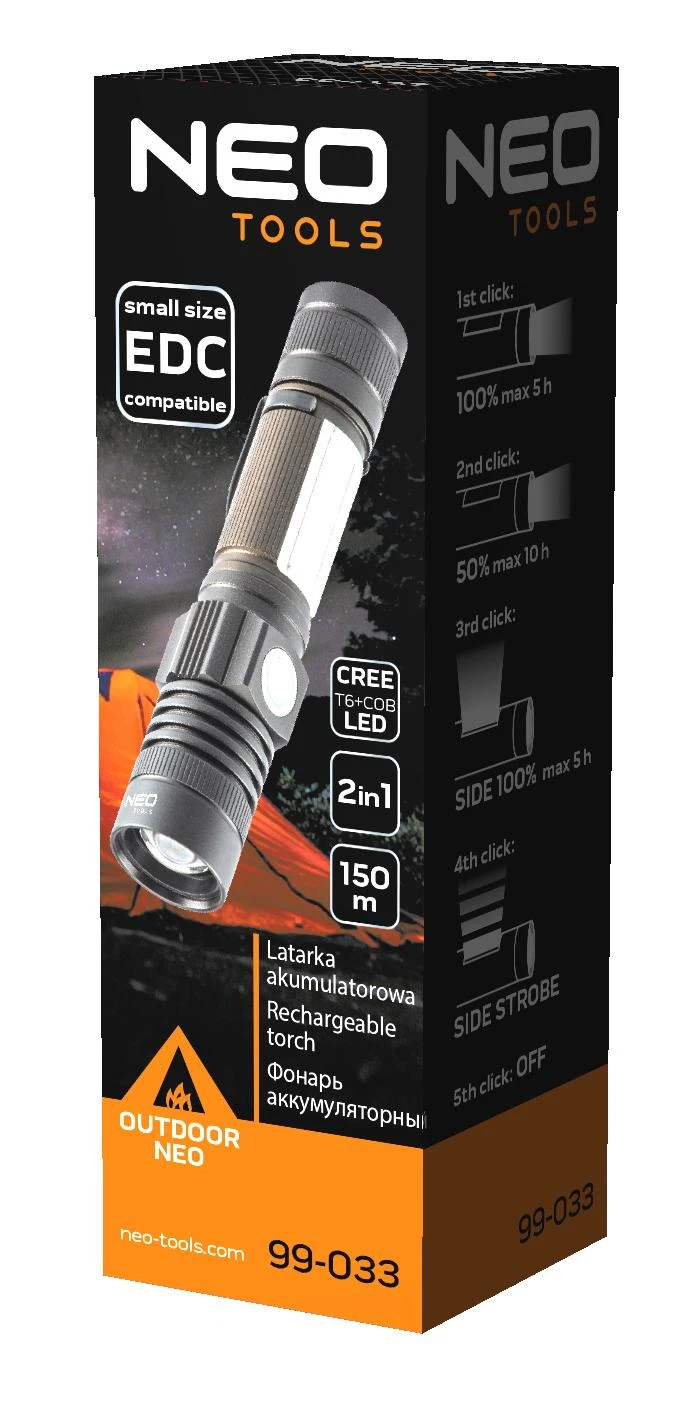 Neo Žibintuvėlis, 800lm 2-in-1 CREE T6 LED USB įkraunamas žibintuvėlis