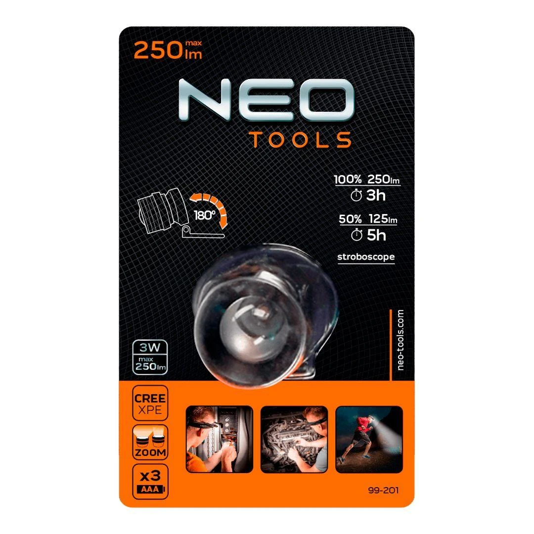 Galvos žibintuvėlis NEO 250 lm, reguliuojamas, CREE XPE, 3xAAA