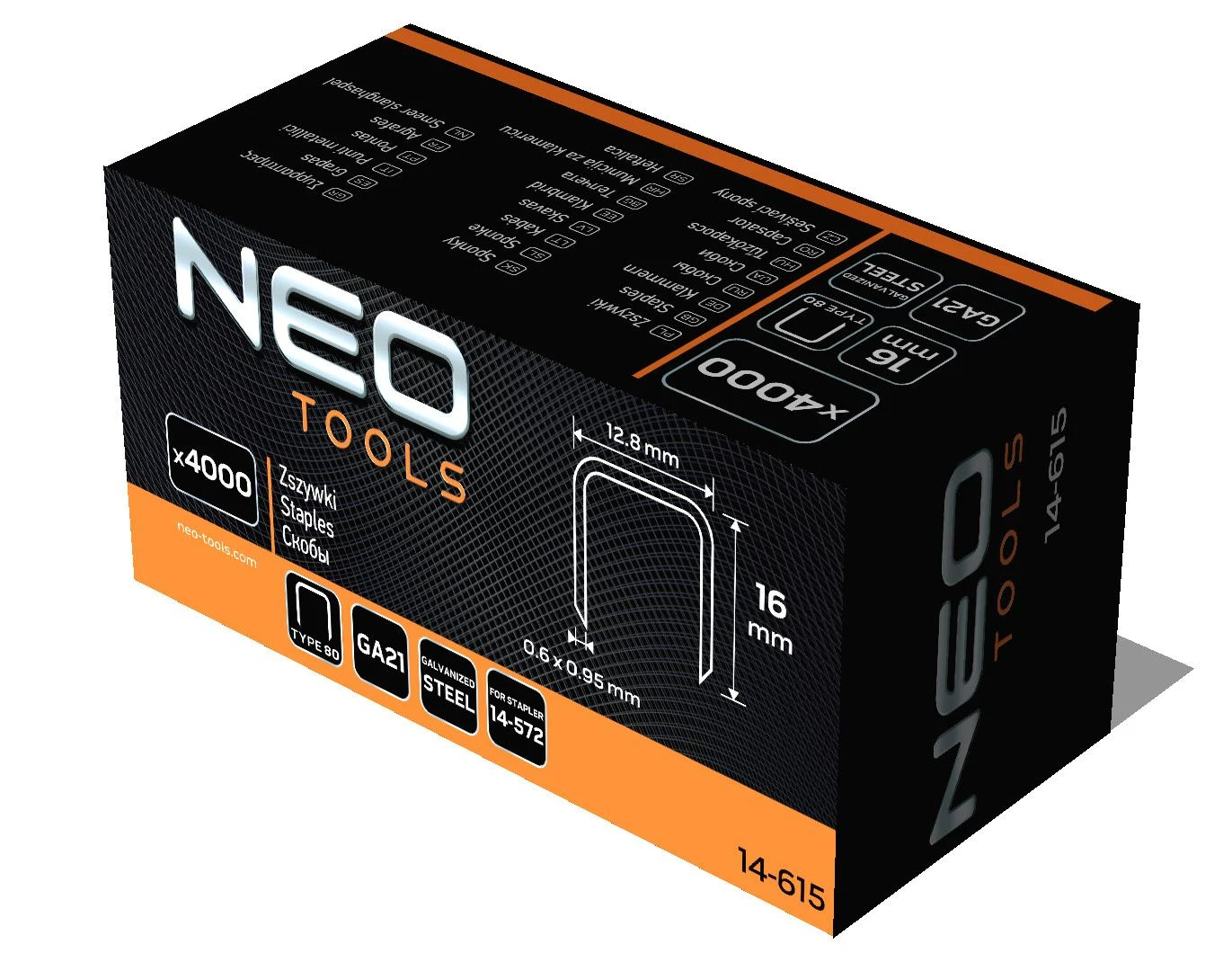 Neo Zszywki Cinkuotos sąvaržėlės pneumatiniam segtuvui (14-572), GA21, 80 tipas (380), ilgis 16 mm, 4000