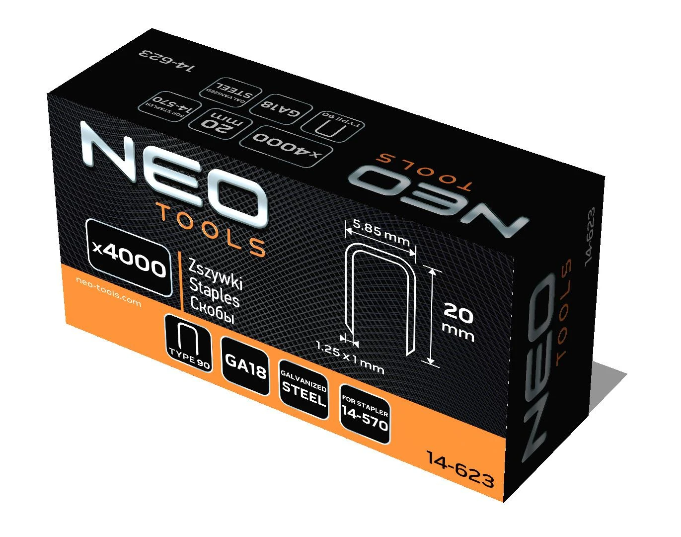 Zszywki Neo Tools Cinkuotos kabės pneumatiniam segtukui (14-570), GA18, 90 tipas (4K), ilgis 20 mm, 4000 s