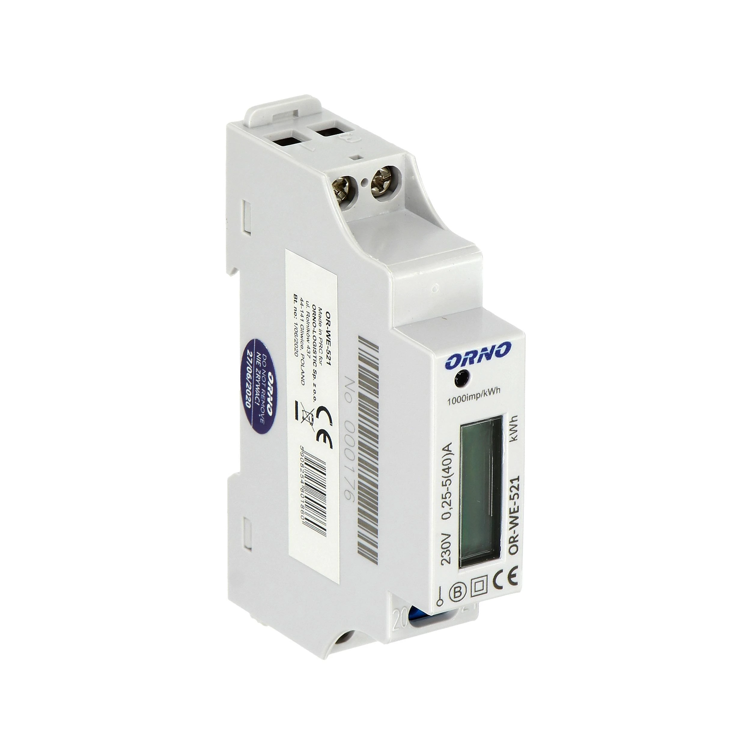 ORNO 1 fazių elektros skaitiklis, 40A, MID, impulsų išvestis, apšvietimas, 1 modulis
