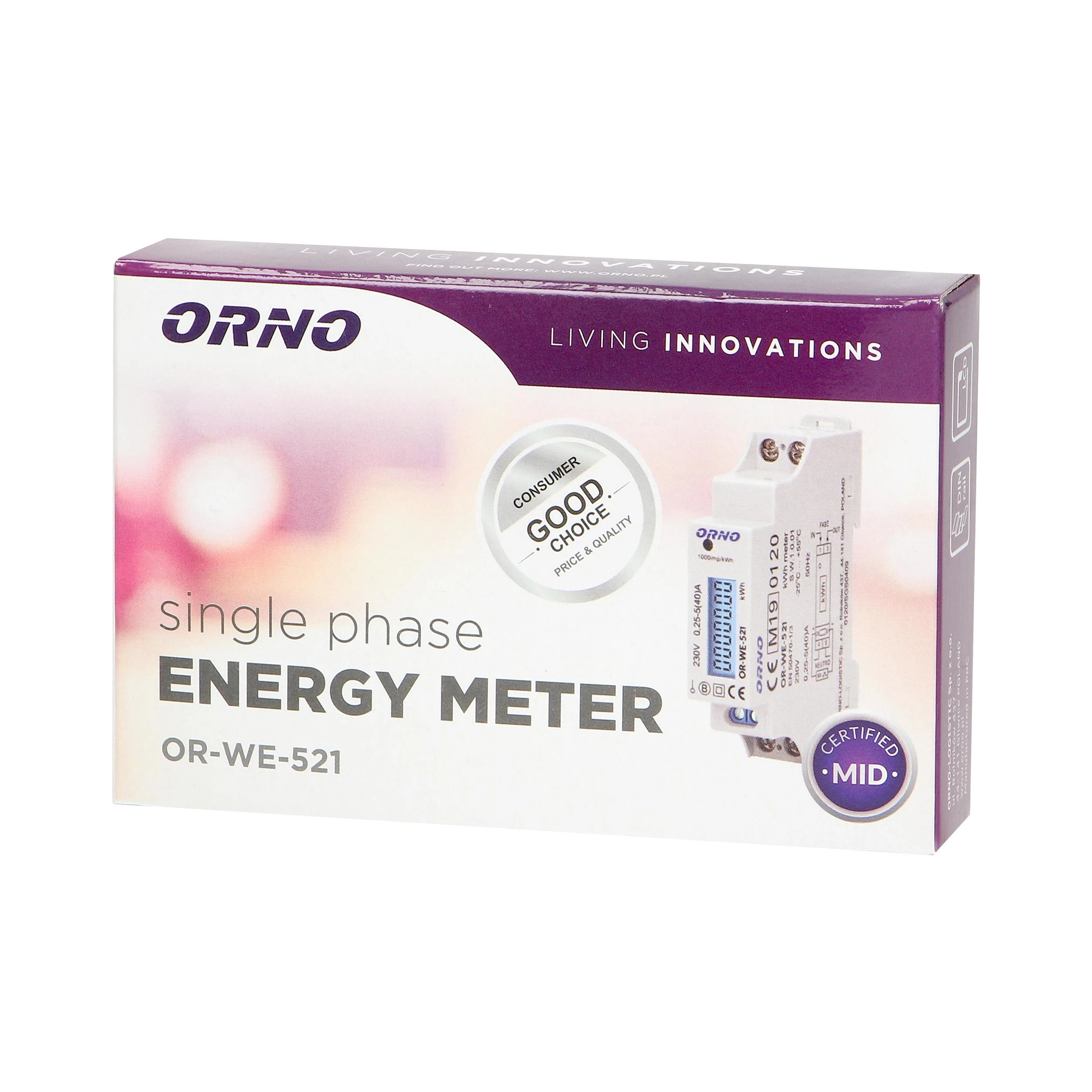 ORNO 1 fazių elektros skaitiklis, 40A, MID, impulsų išvestis, apšvietimas, 1 modulis