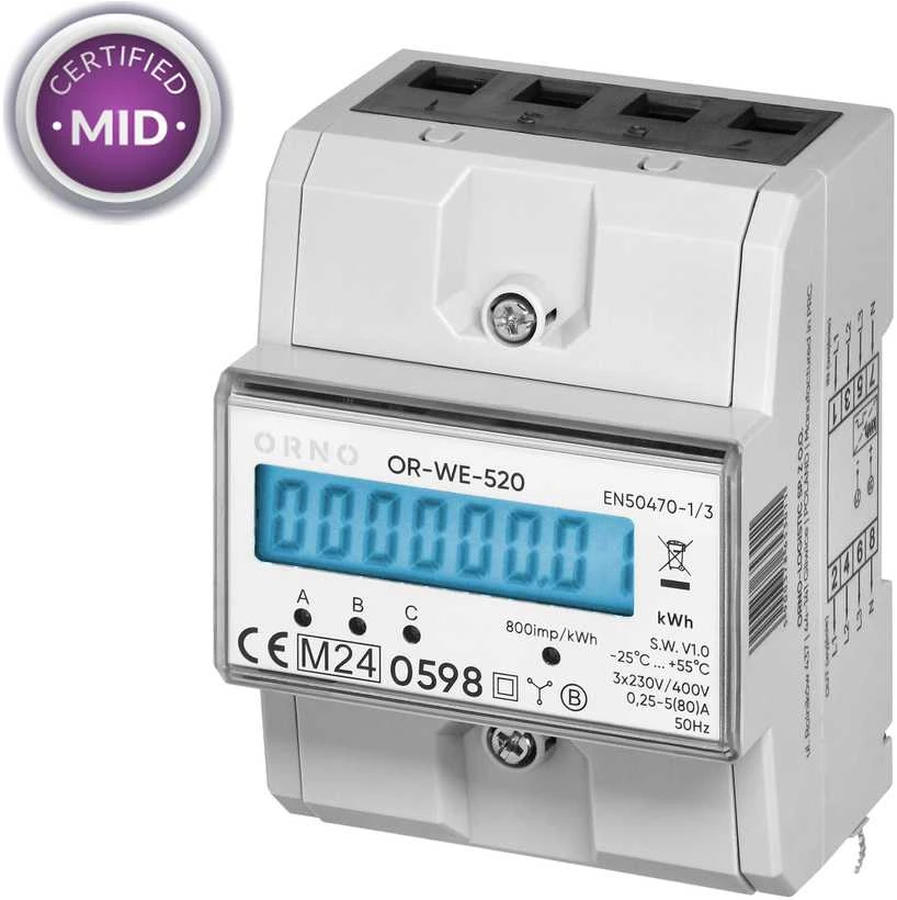 ORNO 3 fazių elektros skaitiklis, 80A, MID, 3 moduliai, DIN TH-35mm