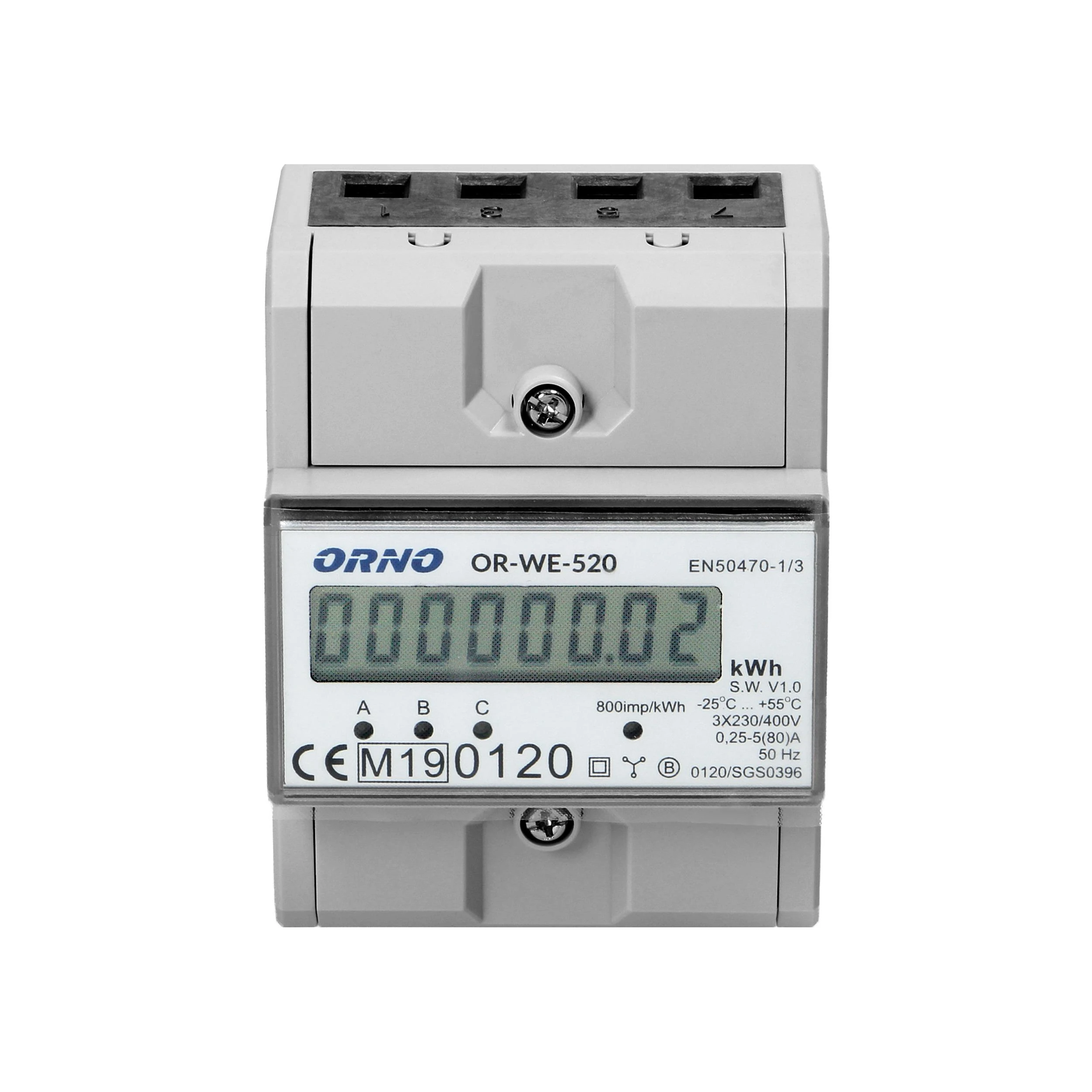 ORNO 3 fazių elektros skaitiklis, 80A, MID, 3 moduliai, DIN TH-35mm
