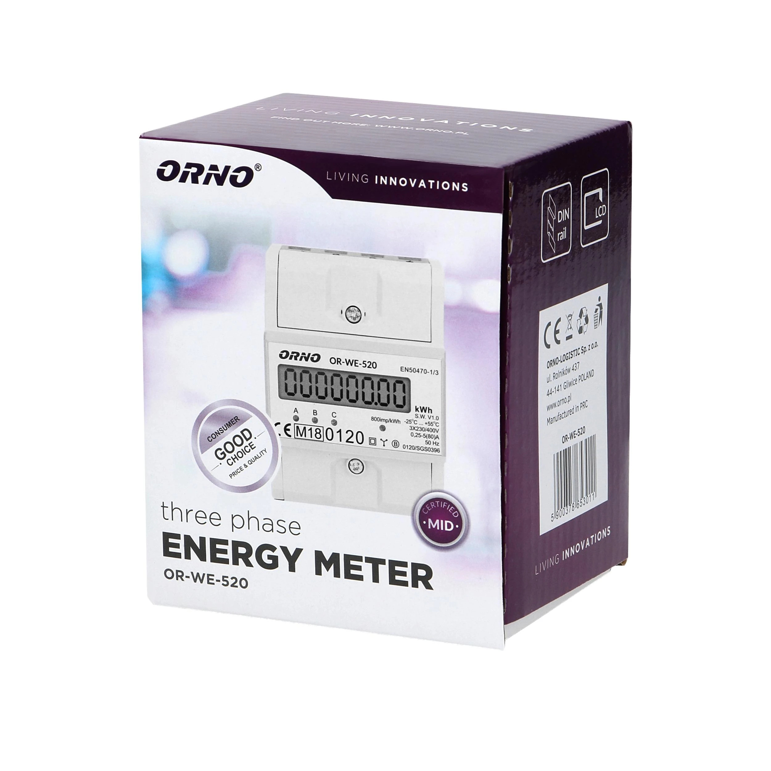 ORNO 3 fazių elektros skaitiklis, 80A, MID, 3 moduliai, DIN TH-35mm