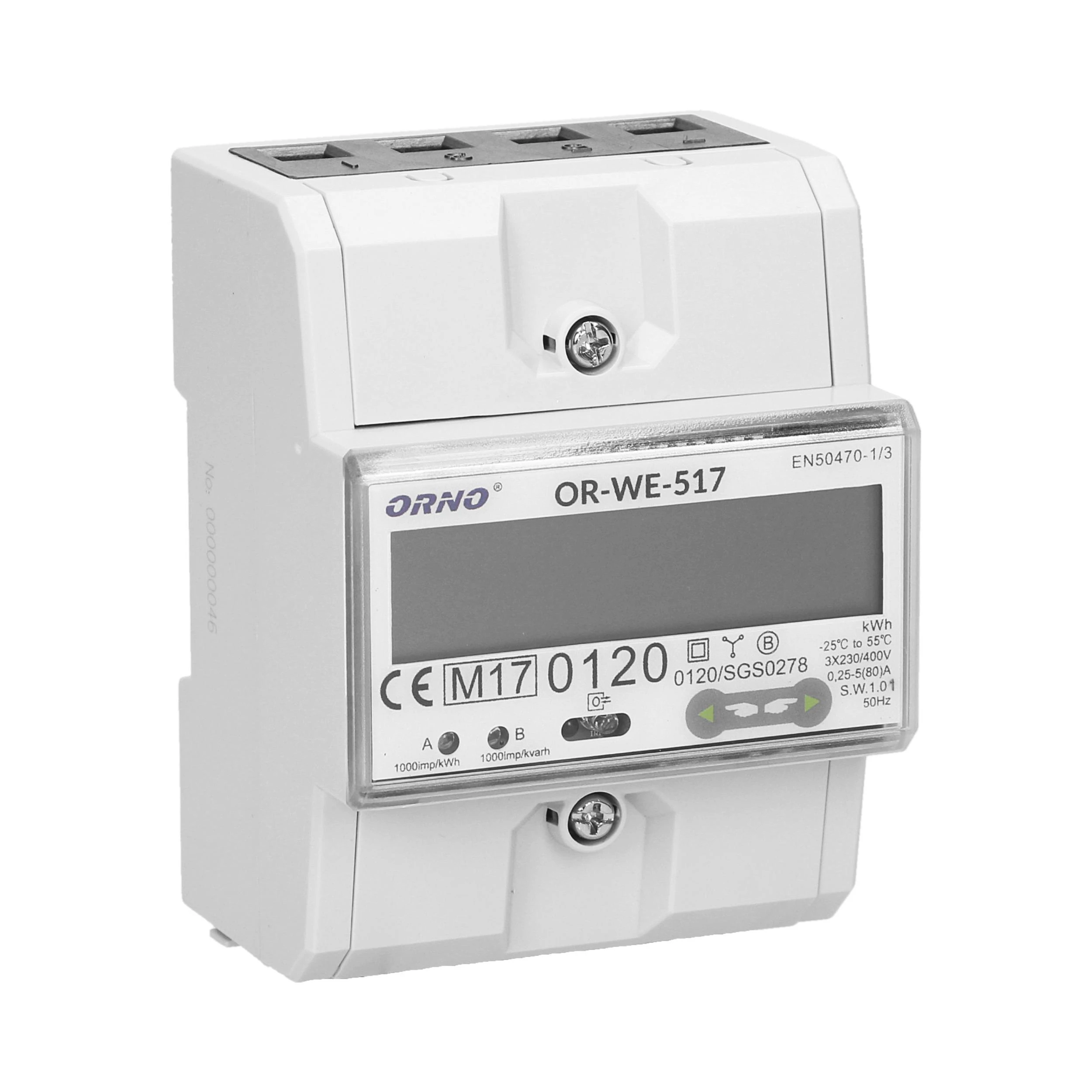 Orno 3 Fazowy Trifazis elektros skaitiklis, 80A, RS-485 prievadas, daugiatarifis, 3 moduliai, DIN TH-35mm