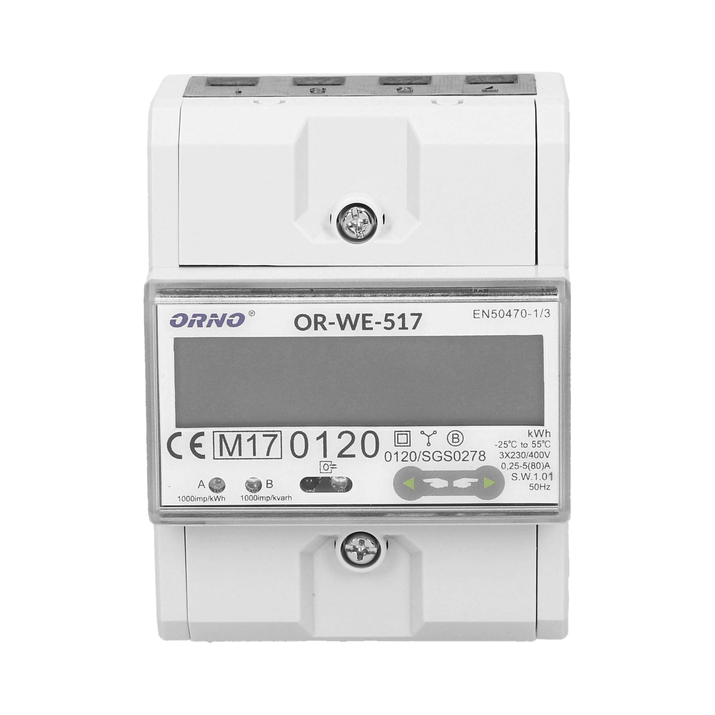 Orno 3 Fazowy Trifazis elektros skaitiklis, 80A, RS-485 prievadas, daugiatarifis, 3 moduliai, DIN TH-35mm