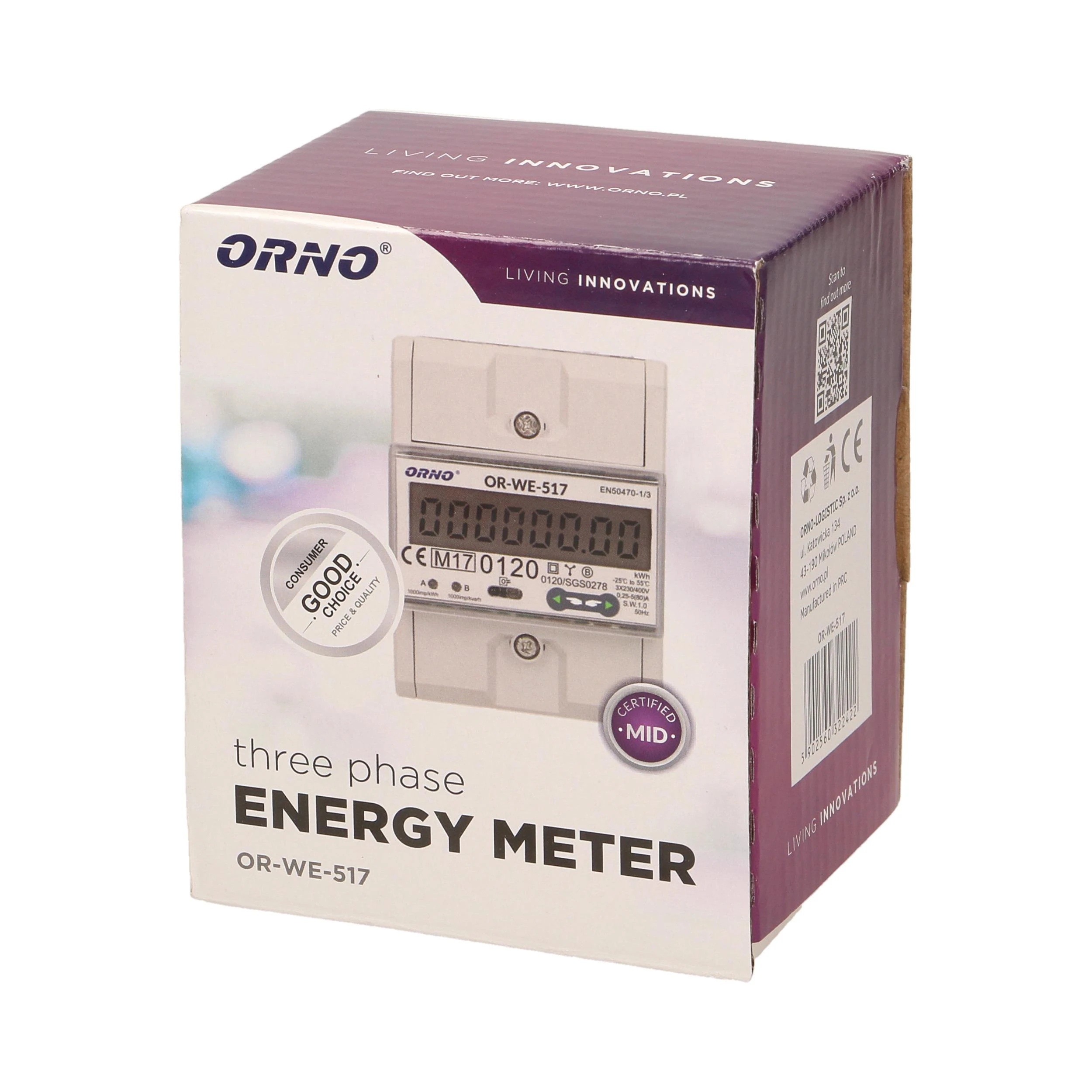 Orno 3 Fazowy Trifazis elektros skaitiklis, 80A, RS-485 prievadas, daugiatarifis, 3 moduliai, DIN TH-35mm