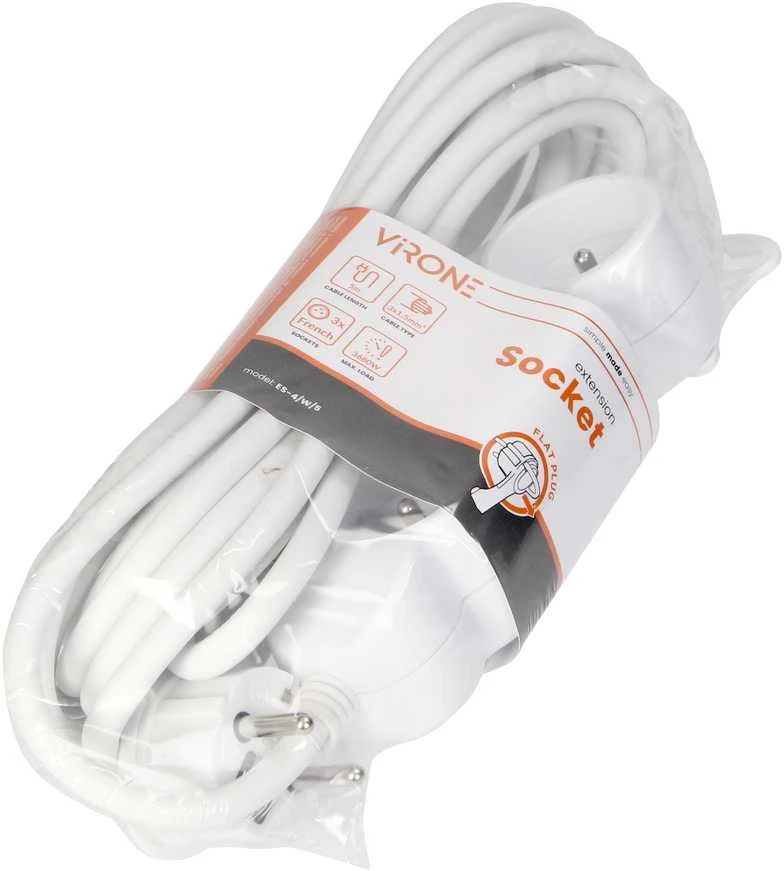 Orno Przedłużacz 3 krypčių prailgintuvas 2P+Z, 5m H05VV-F 3x1.5mm2, Imax=16A, plokščias kištukas, baltas