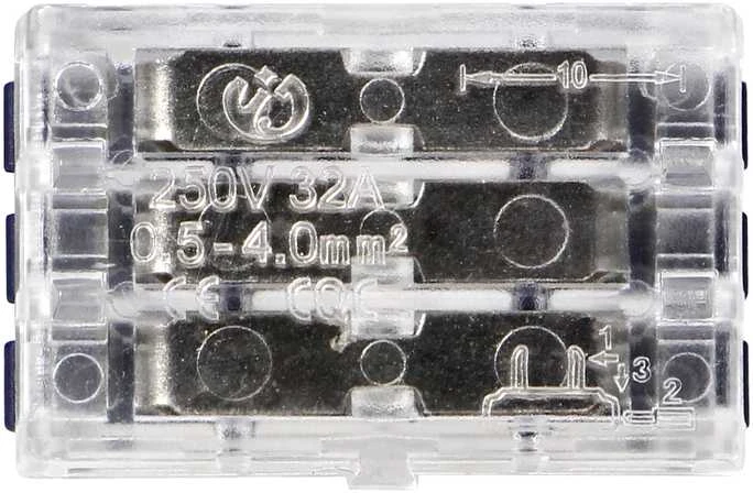 Orno Złączka 3 laidų, dvipusė kompresinė instaliacinė jungtis; bet kokiam 0,75–4 mm² laidui; IEC 250V/32A; 50 vnt.