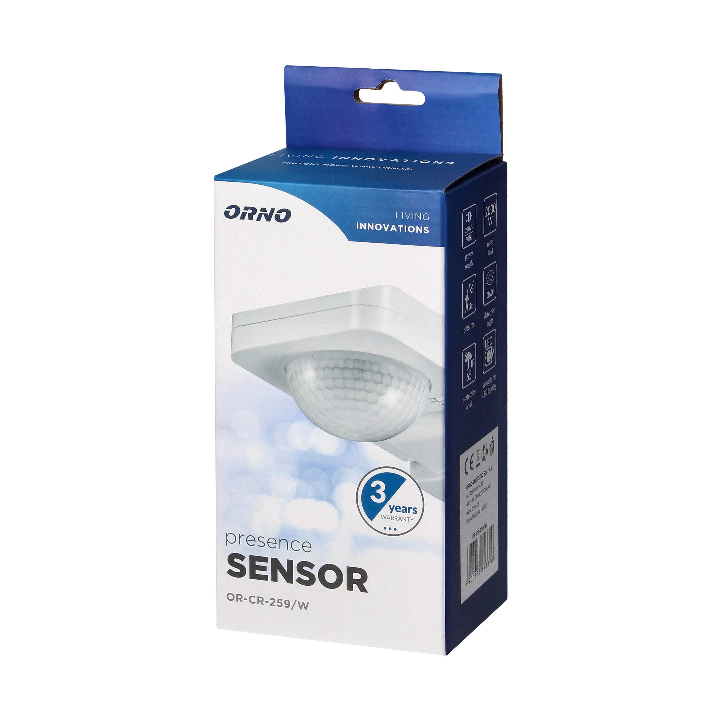 Orno Czujnik 360 laipsnių judesio jutiklis, IP65, 2000 W, maks. veikimo nuotolis 20 m, baltas