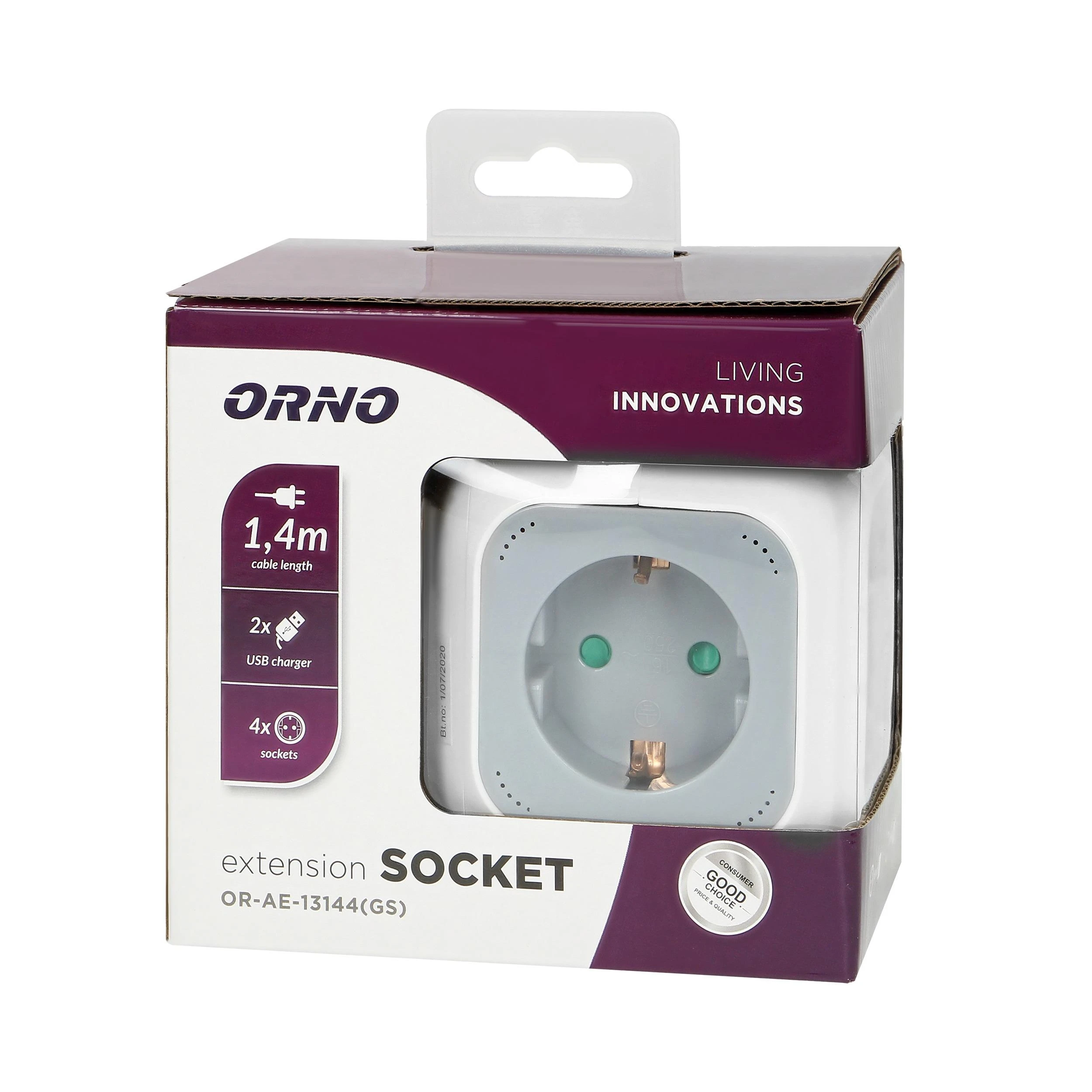 Orno Przedłużacz 4 krypčių prailgintuvas 2P+Z (schuko), 2xUSB įkroviklis, 1,4 m H05VV-F 3x1,5mm², pilkai baltas