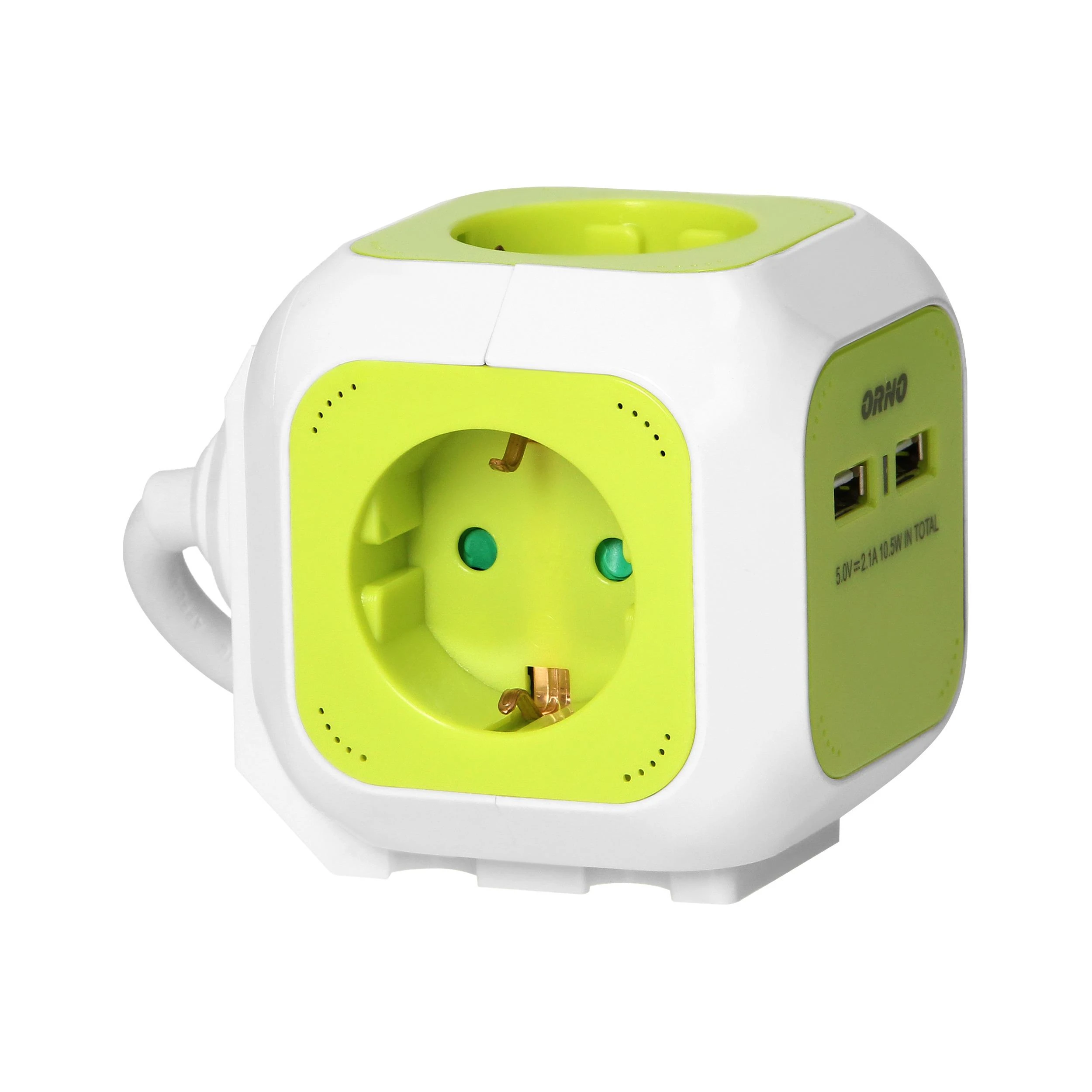Orno Przedłużacz „Cube“ prailginimo laidas, 4 krypčių (Schuko) su 2xUSB įkrovikliu, 1,4 m, žalias