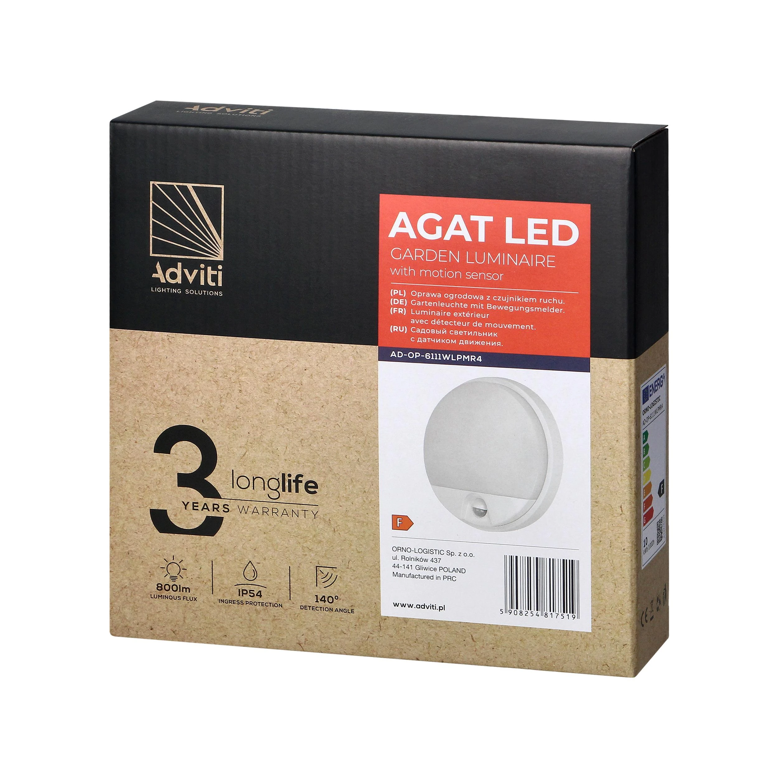 Sieninis šviestuvas Orno AGAT LED 10W, sodo šviestuvas su 140° judesio jutikliu, 800lm, IP54, 4000K, baltas