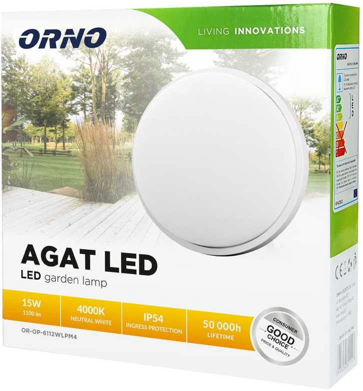 Sieninis šviestuvas Orno AGAT LED 15W, sodo šviestuvas, 1100lm, IP54, 4000K, baltas