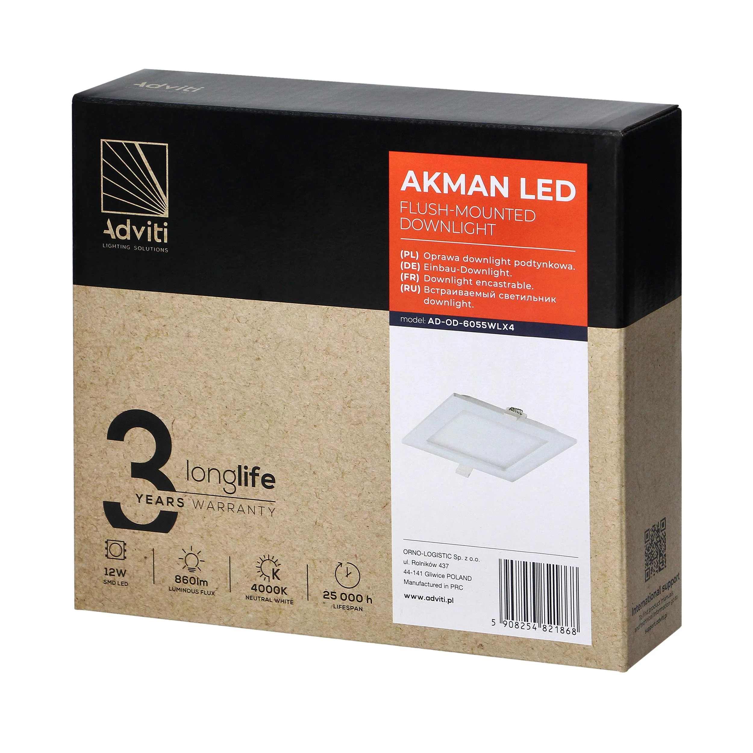 Lubinis šviestuvas Orno AKMAN LED 12W, įleidžiamas šviestuvas, kvadratinis, 860lm, 4000K, baltas, su integruotu LED maitinimo šaltiniu