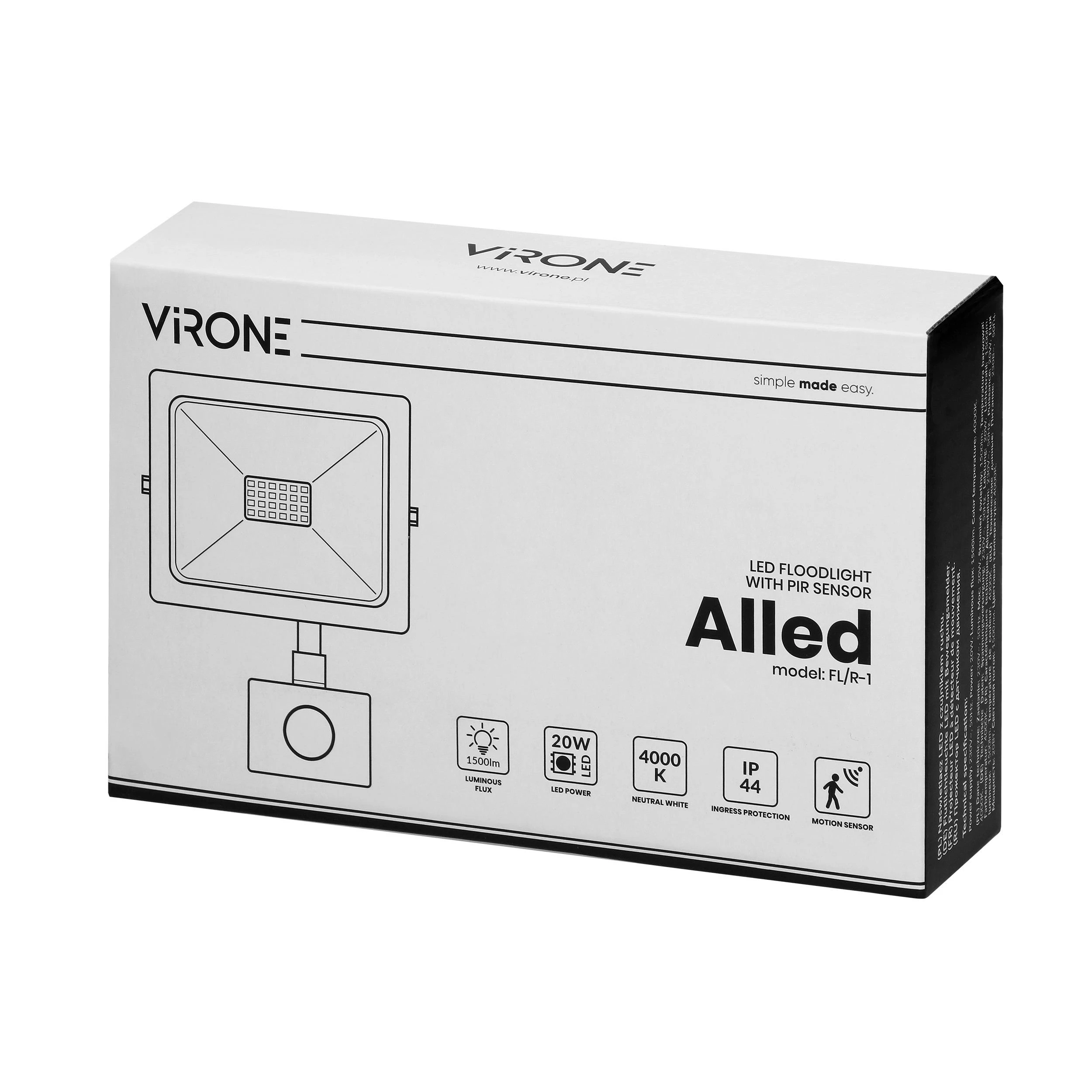 Orno ALLED 20W LED prožektorius su PIR, 1600lm, IP44, 4000K, aliuminis + stiklas