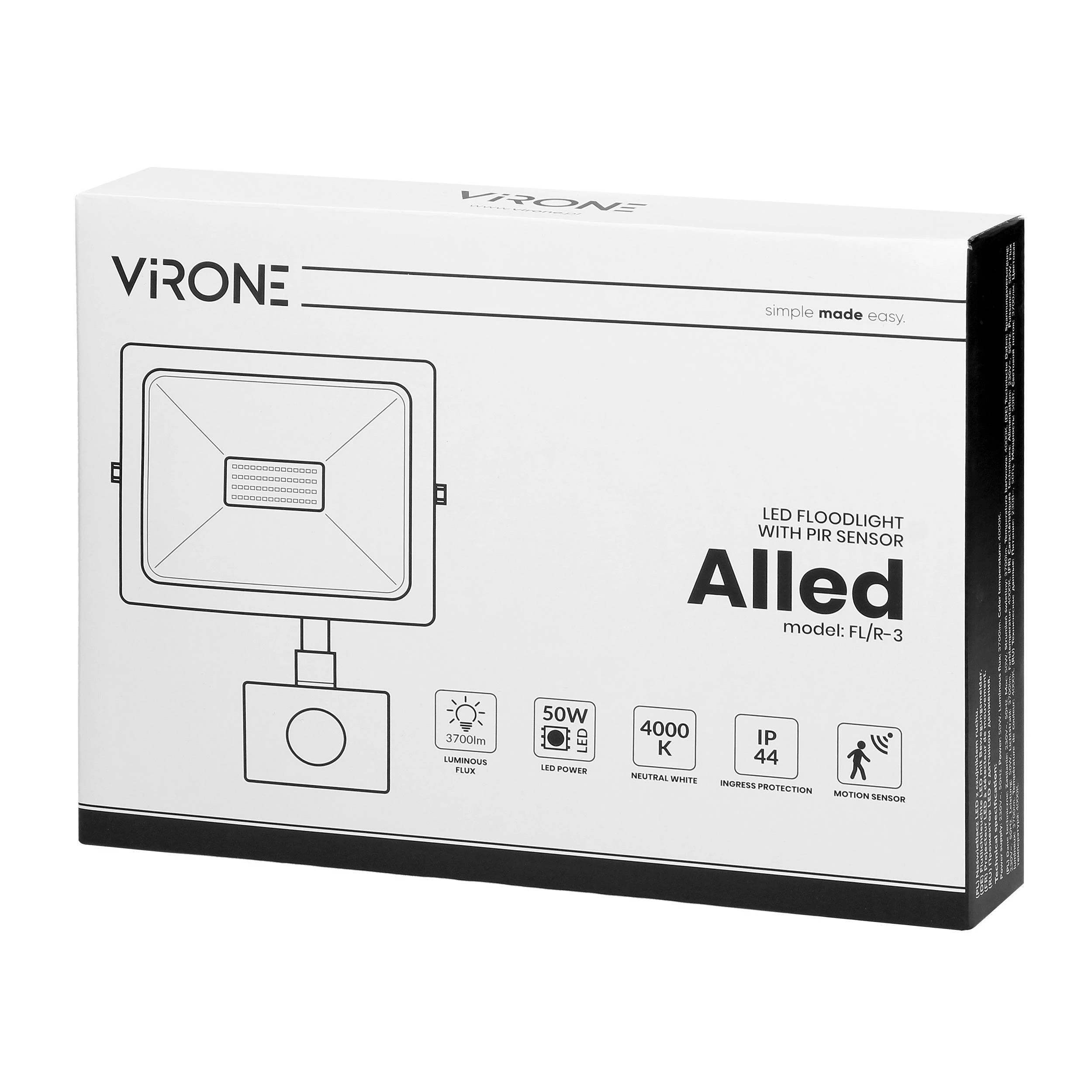 Orno ALLED 50W LED prožektorius su PIR, 4000lm, IP44, 4000K, aliuminis + stiklas