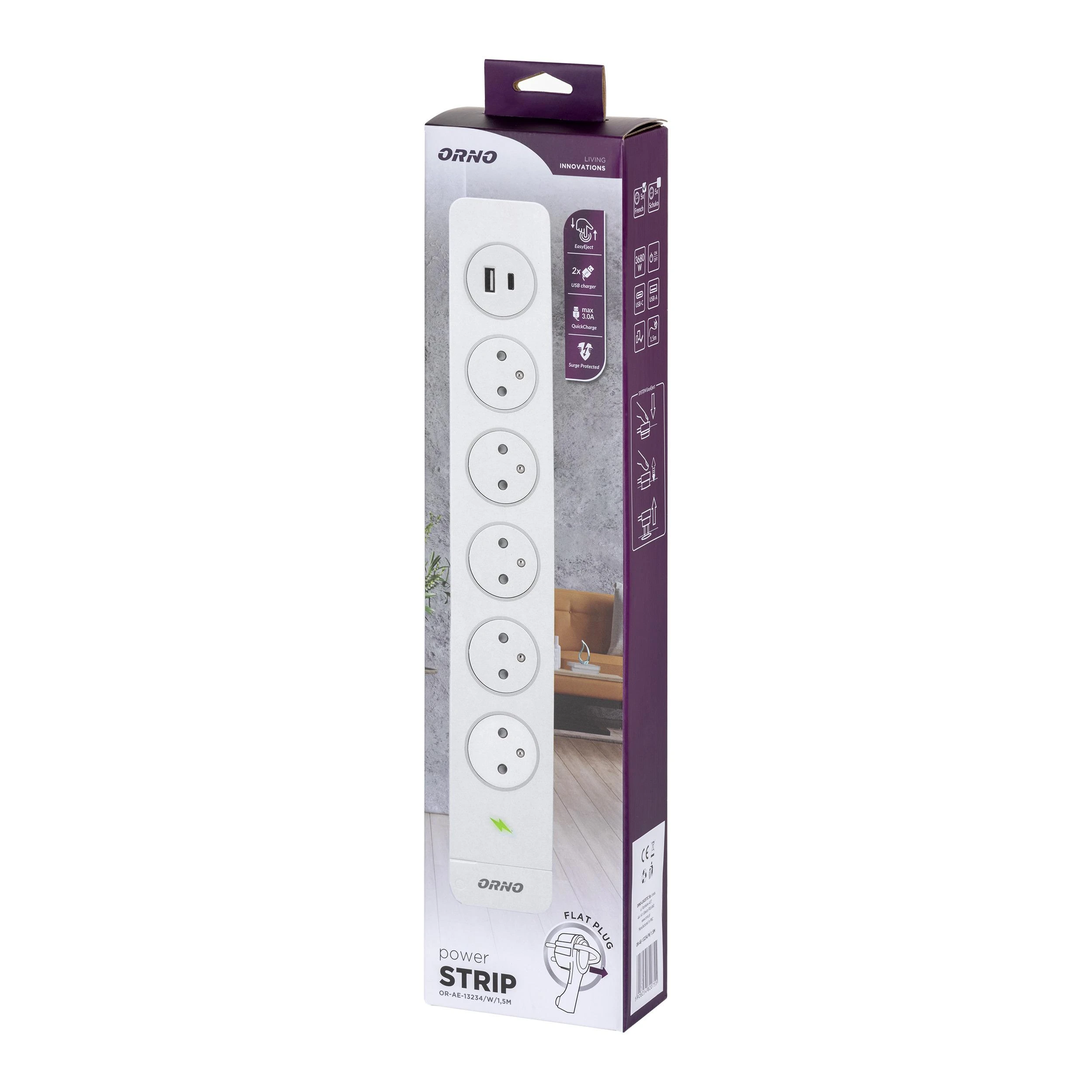 Orno Listwa Apsauginė juostelė nuo viršįtampių su 5 „EasyEject“ tipo 2P+Z lizdais, 1,5 m laidu (3x1,5 mm²), su apšviestu jungikliu ir 2 greitais USB A+C įkrovikliais