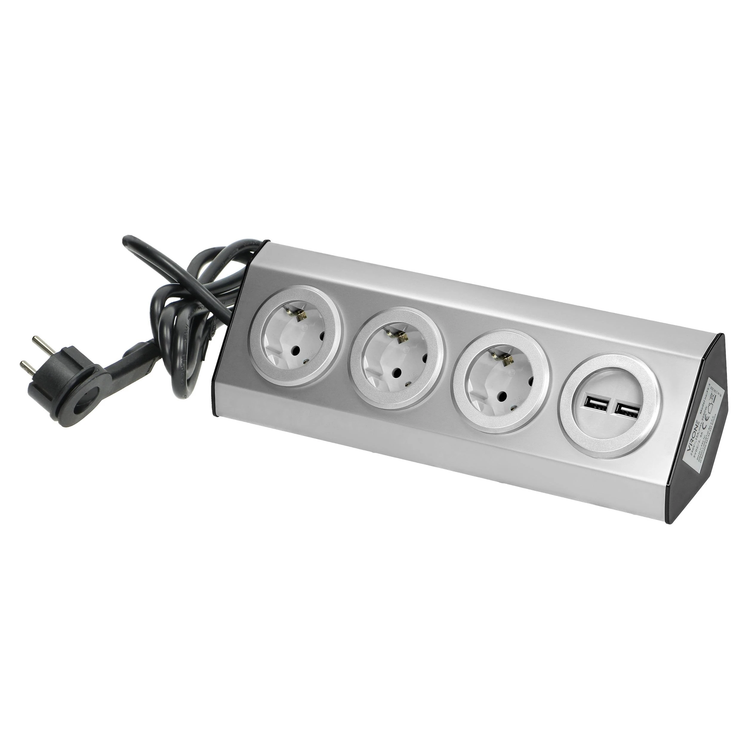 Orno Lizdas Baldai, virtuvės lizdas su USB įkrovikliu, tvirtinamas „Velcro“ juosta su 1,5 m laidu - 3x2P+Z schuko, 2xUSB, INOX su 1,5 m laidu.