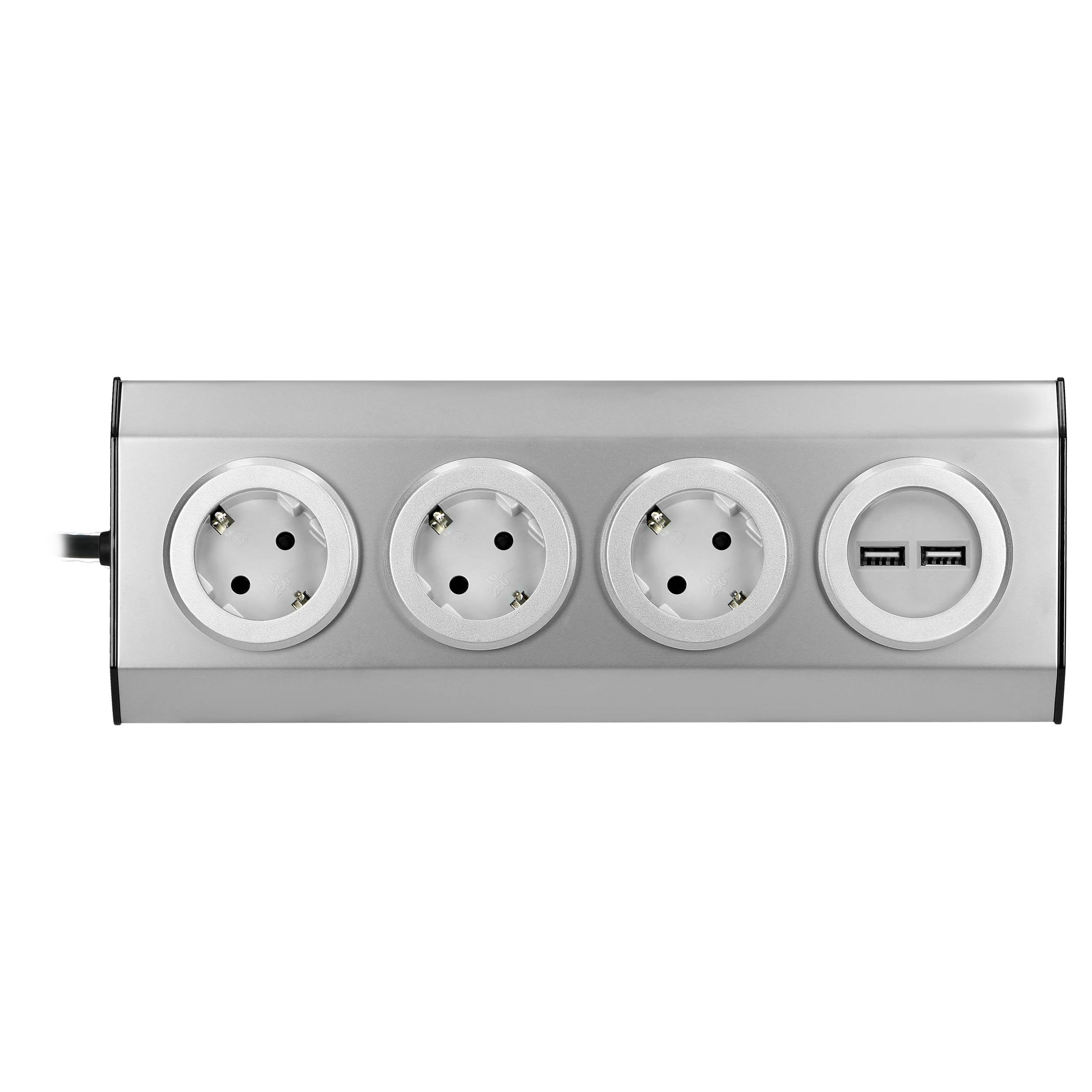 Orno Lizdas Baldai, virtuvės lizdas su USB įkrovikliu, tvirtinamas „Velcro“ juosta su 1,5 m laidu - 3x2P+Z schuko, 2xUSB, INOX su 1,5 m laidu.